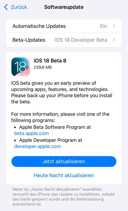 临西苹果手机维修分享苹果 iOS / iPadOS 18 开发者预览版 Beta 8 发布 